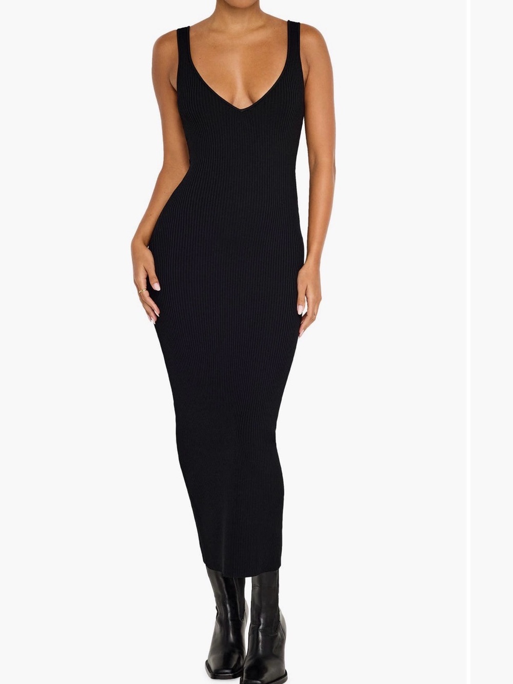 Good American Black Ribbed V-Neck Maxi Dress
